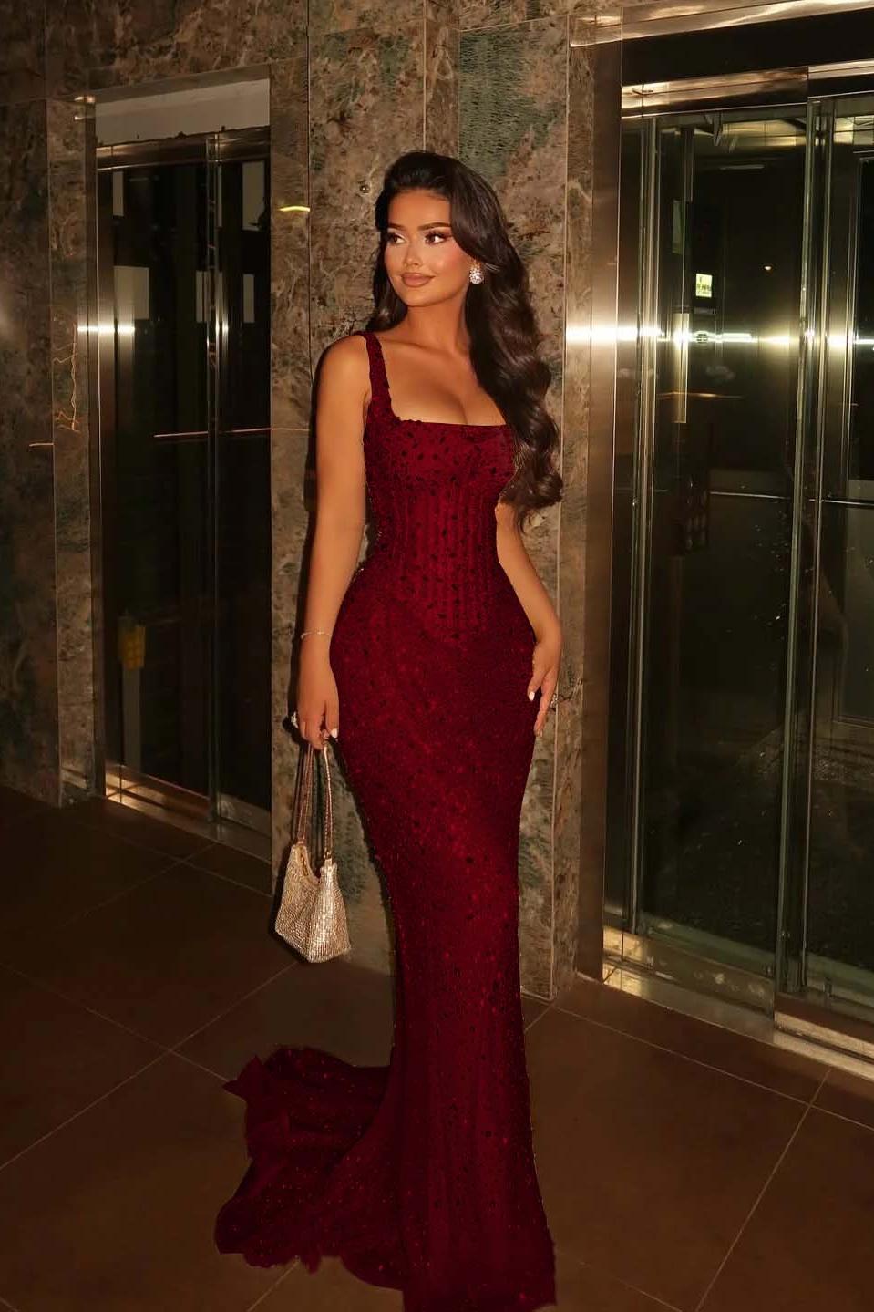 Champagne Mermaid Prom Dress Sleeveless Square Neck Beaded Formal Dress