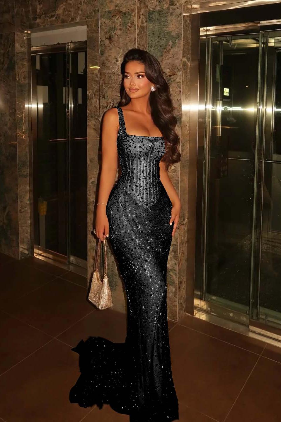 Champagne Mermaid Prom Dress Sleeveless Square Neck Beaded Formal Dress