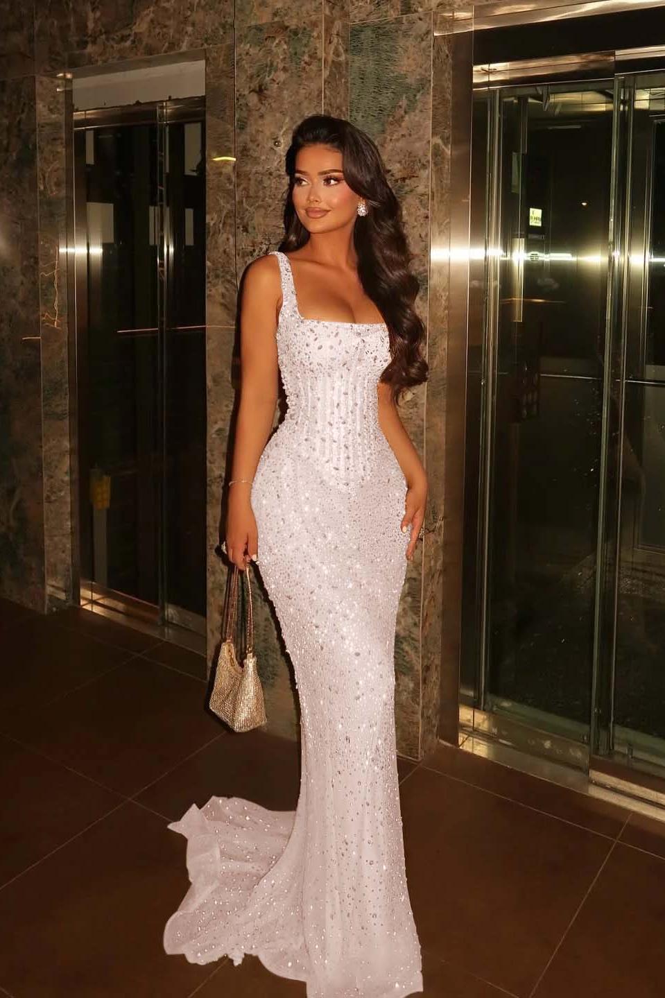 Champagne Mermaid Prom Dress Sleeveless Square Neck Beaded Formal Dress