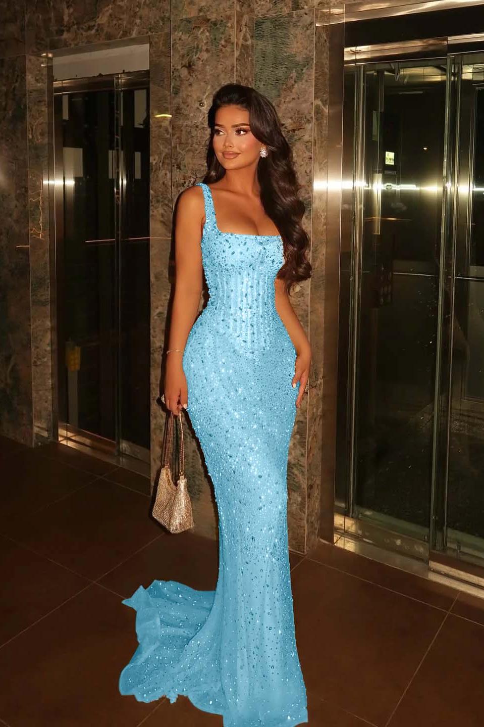 Champagne Mermaid Prom Dress Sleeveless Square Neck Beaded Formal Dress