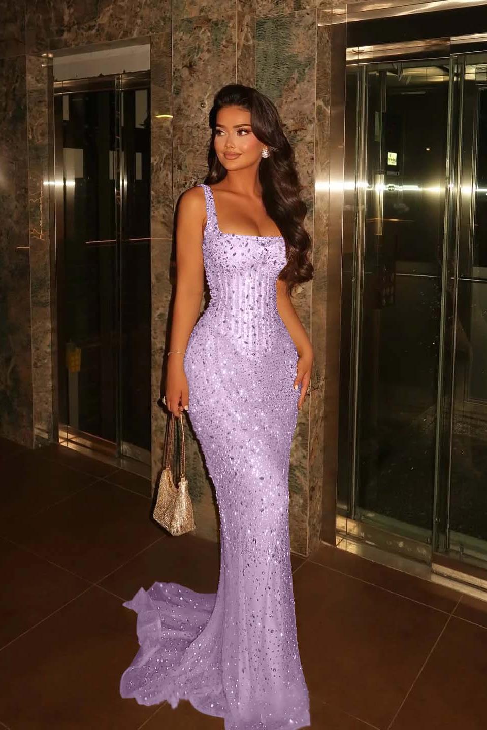 Champagne Mermaid Prom Dress Sleeveless Square Neck Beaded Formal Dress