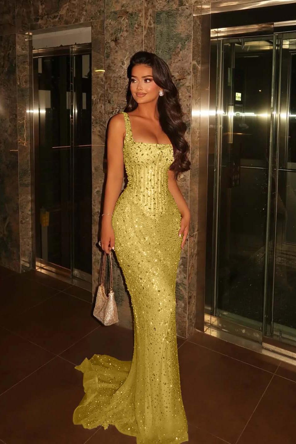 Champagne Mermaid Prom Dress Sleeveless Square Neck Beaded Formal Dress