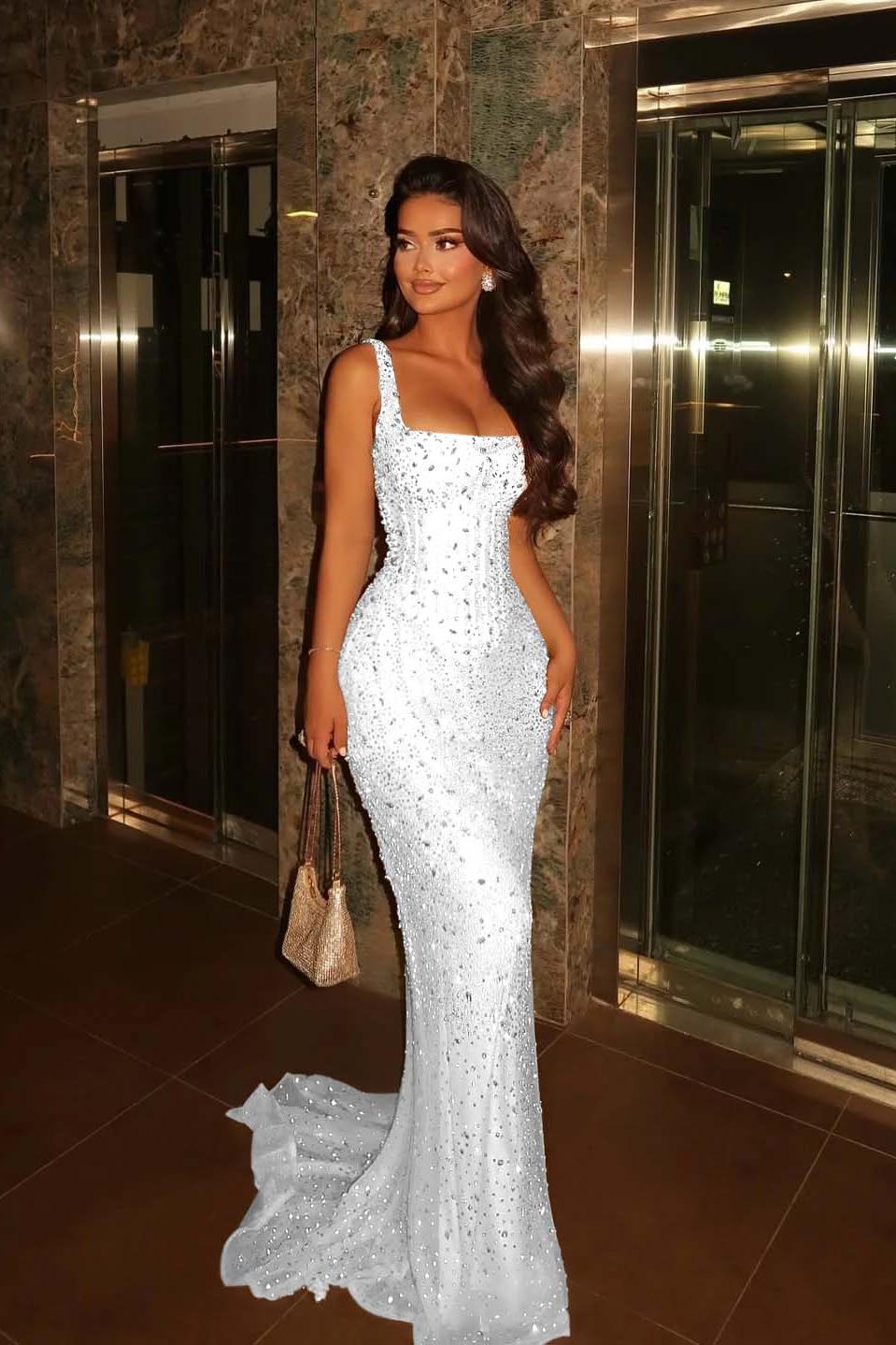 Champagne Mermaid Prom Dress Sleeveless Square Neck Beaded Formal Dress