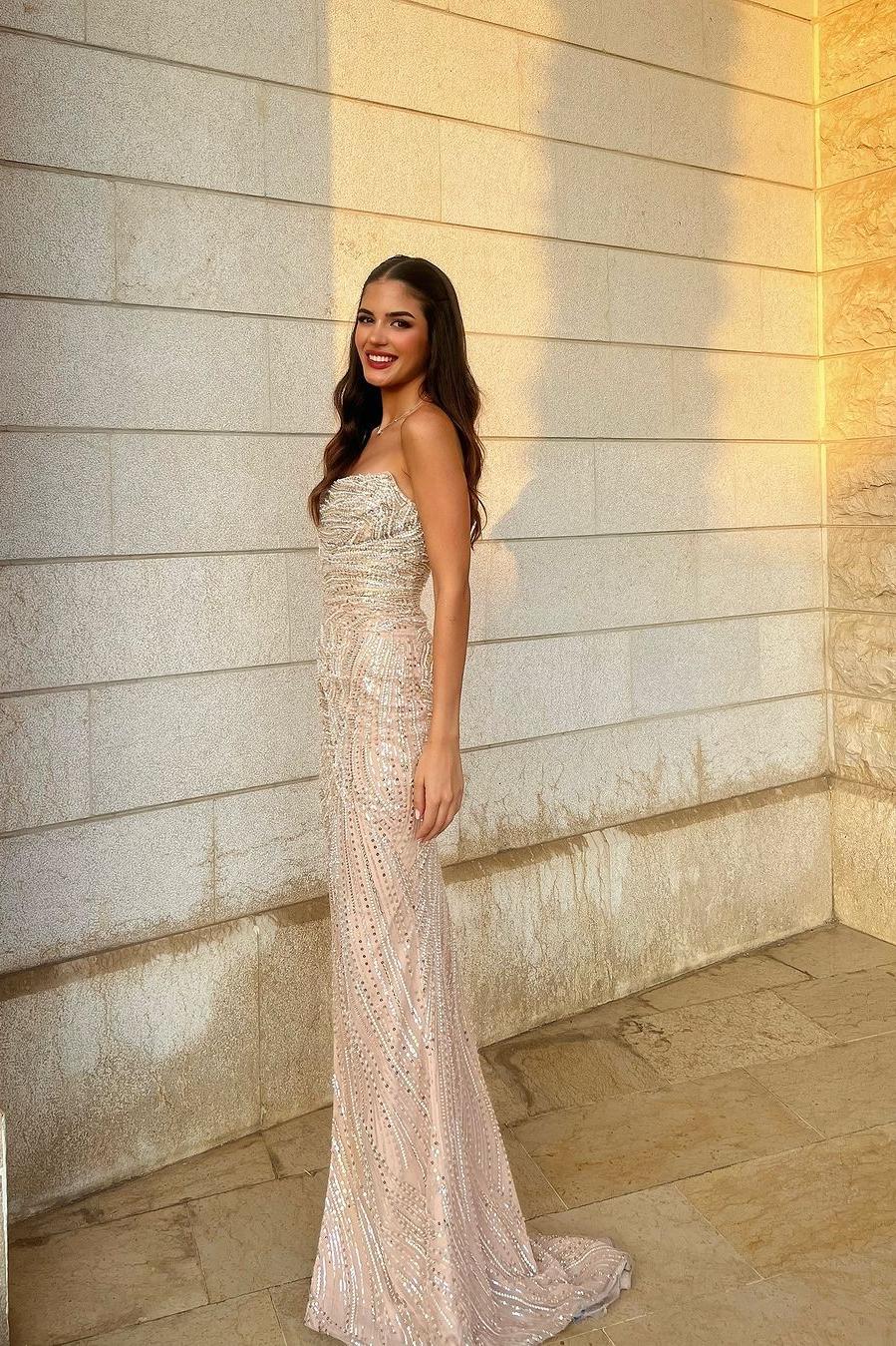 Champagne Mermaid Prom Dress Sleeveless Strapless Sequined Formal Dress