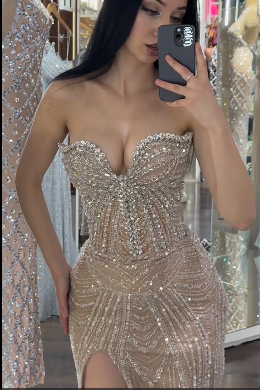 Champagne Mermaid Prom Dress Sleeveless Sweetheart Beaded Formal Dress