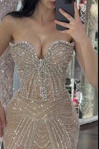 Champagne Mermaid Prom Dress Sleeveless Sweetheart Beaded Formal Dress