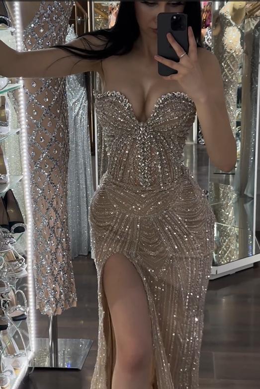 Champagne Mermaid Prom Dress Sleeveless Sweetheart Beaded Formal Dress