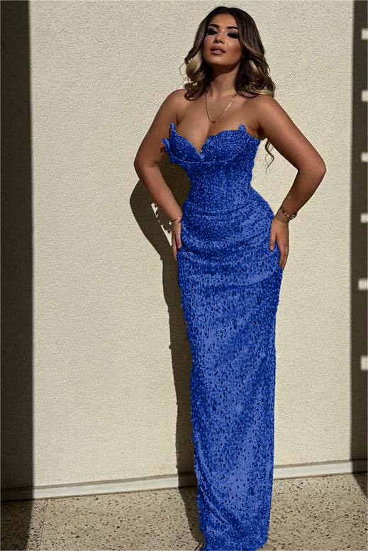 Champagne Mermaid Prom Dress Sleeveless Sweetheart Sequined Formal Dress