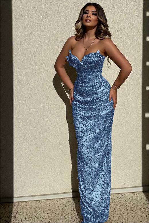 Champagne Mermaid Prom Dress Sleeveless Sweetheart Sequined Formal Dress