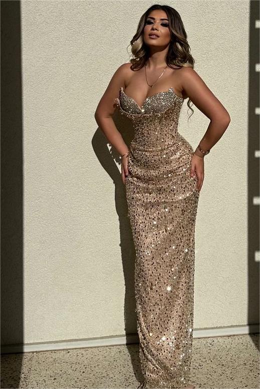 Champagne Mermaid Prom Dress Sleeveless Sweetheart Sequined Formal Dress