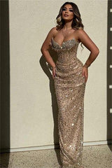 Champagne Mermaid Prom Dress Sleeveless Sweetheart Sequined Formal Dress