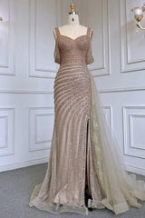Champagne Mermaid Prom Dress Straps Beaded Formal Dress
