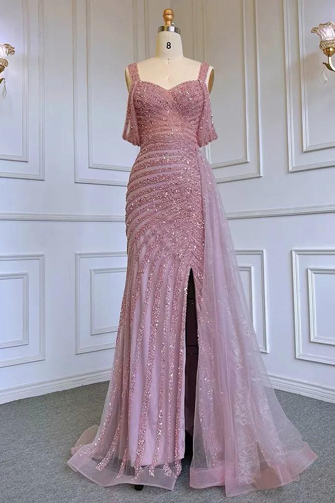 Champagne Mermaid Prom Dress Straps Beaded Formal Dress