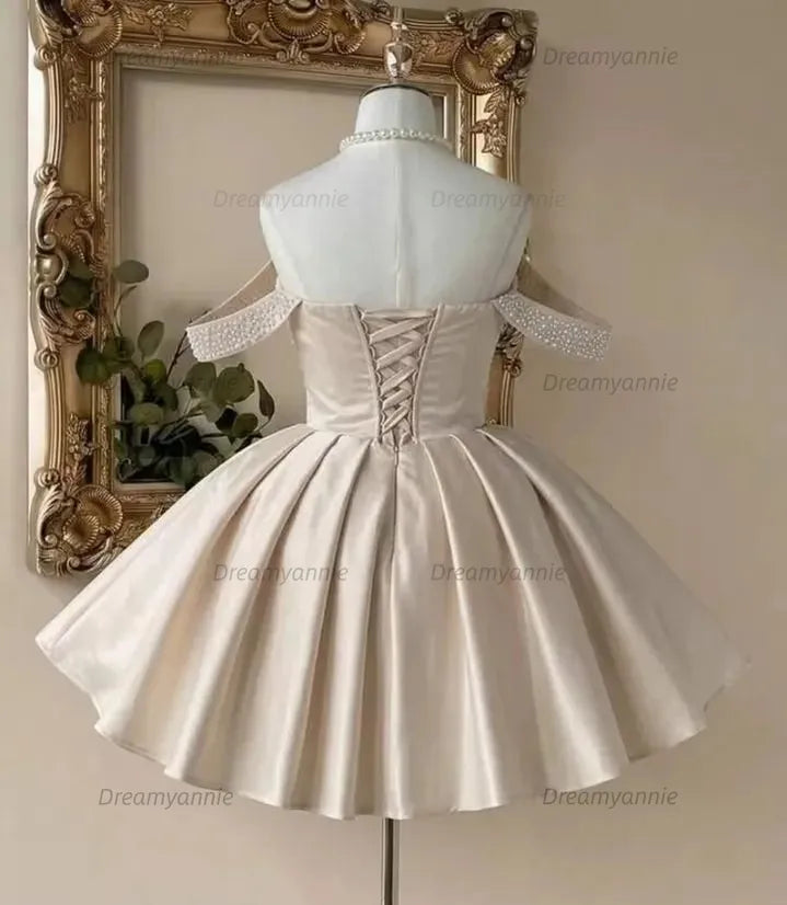 Champagne Pearl Beaded Sheer Corset Homecoming Dress with Satin Ball Gown Skirt