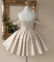 Champagne Pearl Beaded Sheer Corset Homecoming Dress with Satin Ball Gown Skirt