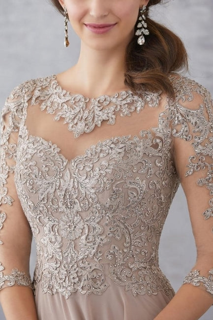 Champagne Prom Dress A Line Crew Beaded Lace Illusion Half Sleeves Floor Length Chiffon Formal Dress