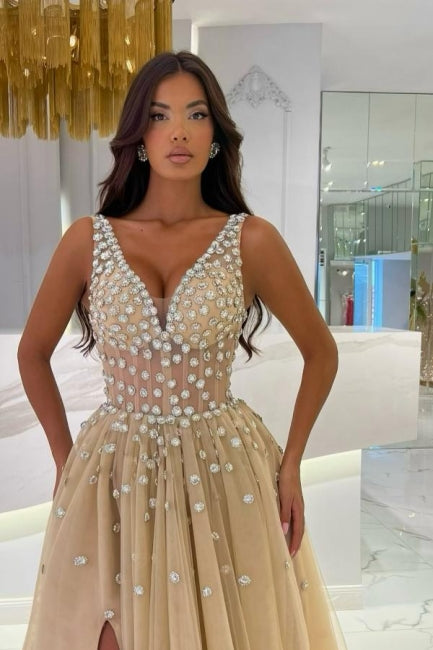 Champagne Prom Dress A Line Sleeveless V Neck Beaded Sweep Train Tulle Formal Dress With Slit