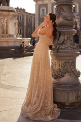Champagne Prom Dress A Line Strapless Off The Shoulder Sleeveless Sequined Tulle Formal Dress