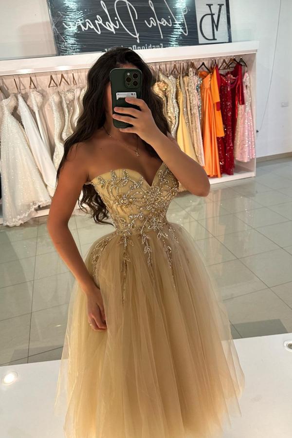 Champagne Prom Dress A Line Sweetheart Sleeveless Tea Length Tulle Formal Dress With Beadings