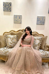 Champagne Prom Dress A Line V Neck Sequined Illusion Sleeves Floor Length Tulle Formal Dress