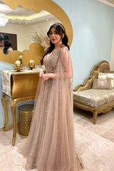 Champagne Prom Dress A Line V Neck Sequined Illusion Sleeves Floor Length Tulle Formal Dress