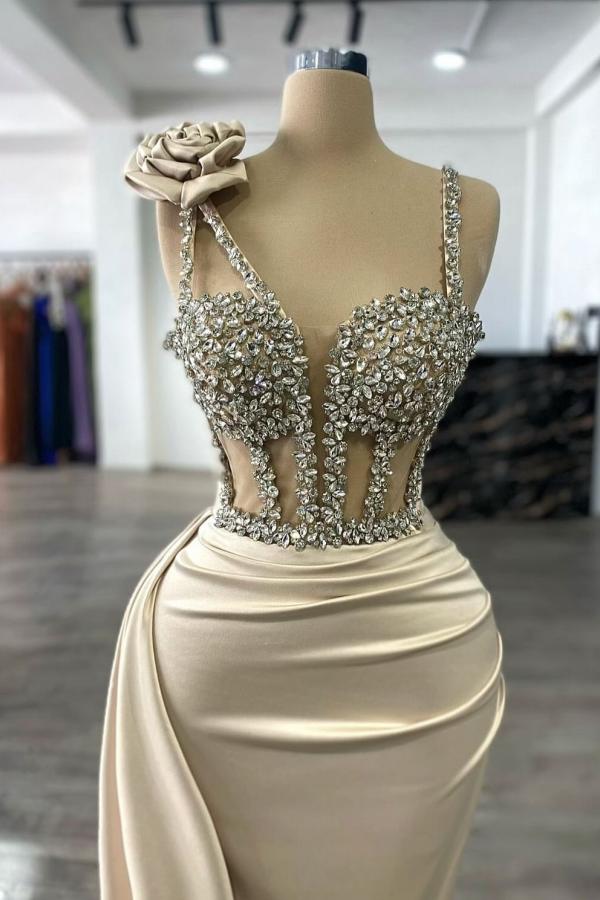 Champagne Prom Dress Column Spaghetti Strap Sweetheart Sleeveless Panel Train Satin Formal Dress With Rhinestones