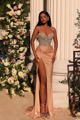 Champagne Prom Dress Column Spaghetti Straps Lace Rhinestones Formal Dress With Slit
