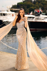 Champagne Prom Dress Column Strapless Sweetheart Sleeveless Sequined Tulle Formal Dress