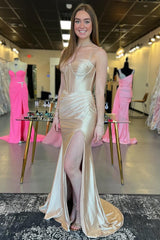 Champagne Prom Dress Corset Mermaid Long Formal Dress With Slit