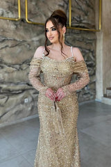 Champagne Prom Dress Mermaid Off The Shoulder Spaghetti Strap Sleeves Sequined Tulle Formal Dress With Pearls