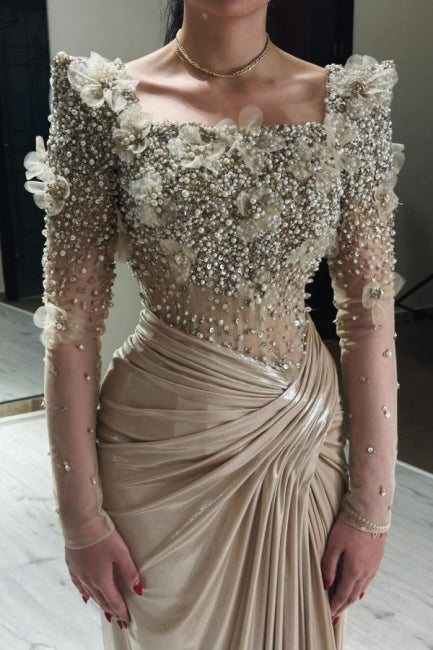 Champagne Prom Dress Mermaid Square Beaded Sleeve Satin Formal Dress With Pearls And Handmake Flowers