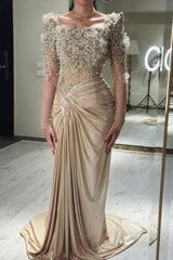 Champagne Prom Dress Mermaid Square Beaded Sleeve Satin Formal Dress With Pearls And Handmake Flowers