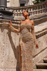Champagne Prom Dress Mermaid Sweetheart Off The Shoulder Lace Beaded Sleeves Slit Formal Dress