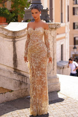 Champagne Prom Dress Mermaid Sweetheart Off The Shoulder Lace Beaded Sleeves Slit Formal Dress