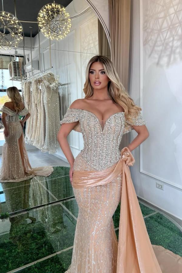 Champagne Prom Dress Mermaid Sweetheart Off The Shoulder Sleeveless Sequined Panel Train Tulle Formal Dress With Rhinestones