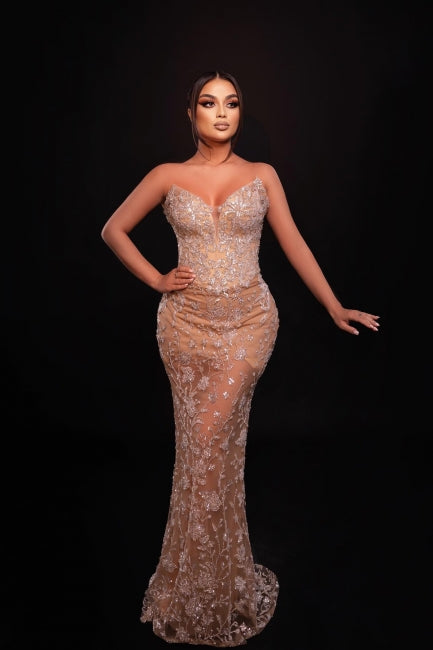 Champagne Prom Dress Mermaid Sweetheart Sequined Sleeveless Lace Formal Dress With Appliques