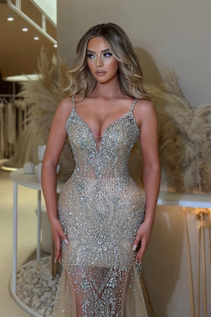 Champagne Prom Dress Mermaid V Neck Spaghetti Strap Sleeveless Sequined Tulle Formal Dress With Rhinestone
