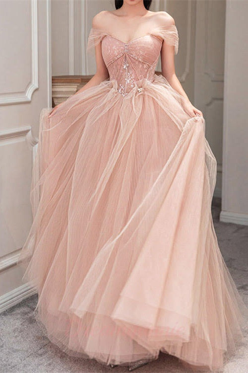 Champagne Prom Dress Off the Shoulder Tulle Lace Long Formal Dress Evening Dress