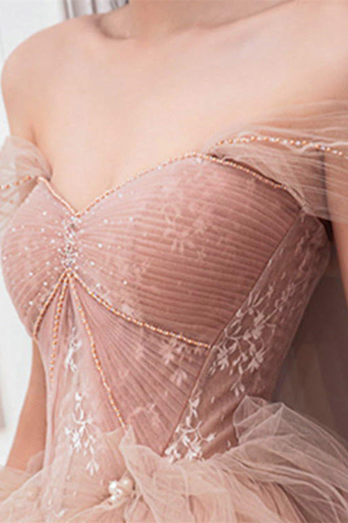 Champagne Prom Dress Off the Shoulder Tulle Lace Long Formal Dress Evening Dress