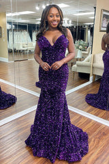 Champagne Prom Dress Spaghetti Straps Sequins Mermaid Evening Dress