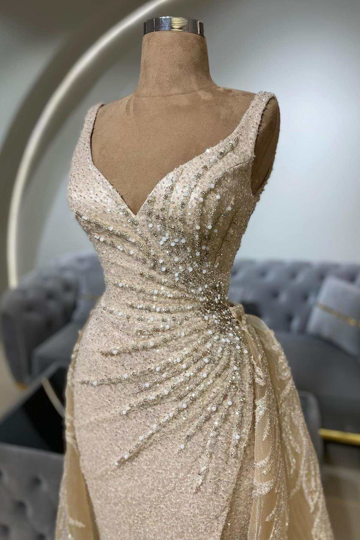 Champagne Prom Dress V Neck Sleeveless Sequined Beaded Detachable Train Tulle Formal Dress With Appliques