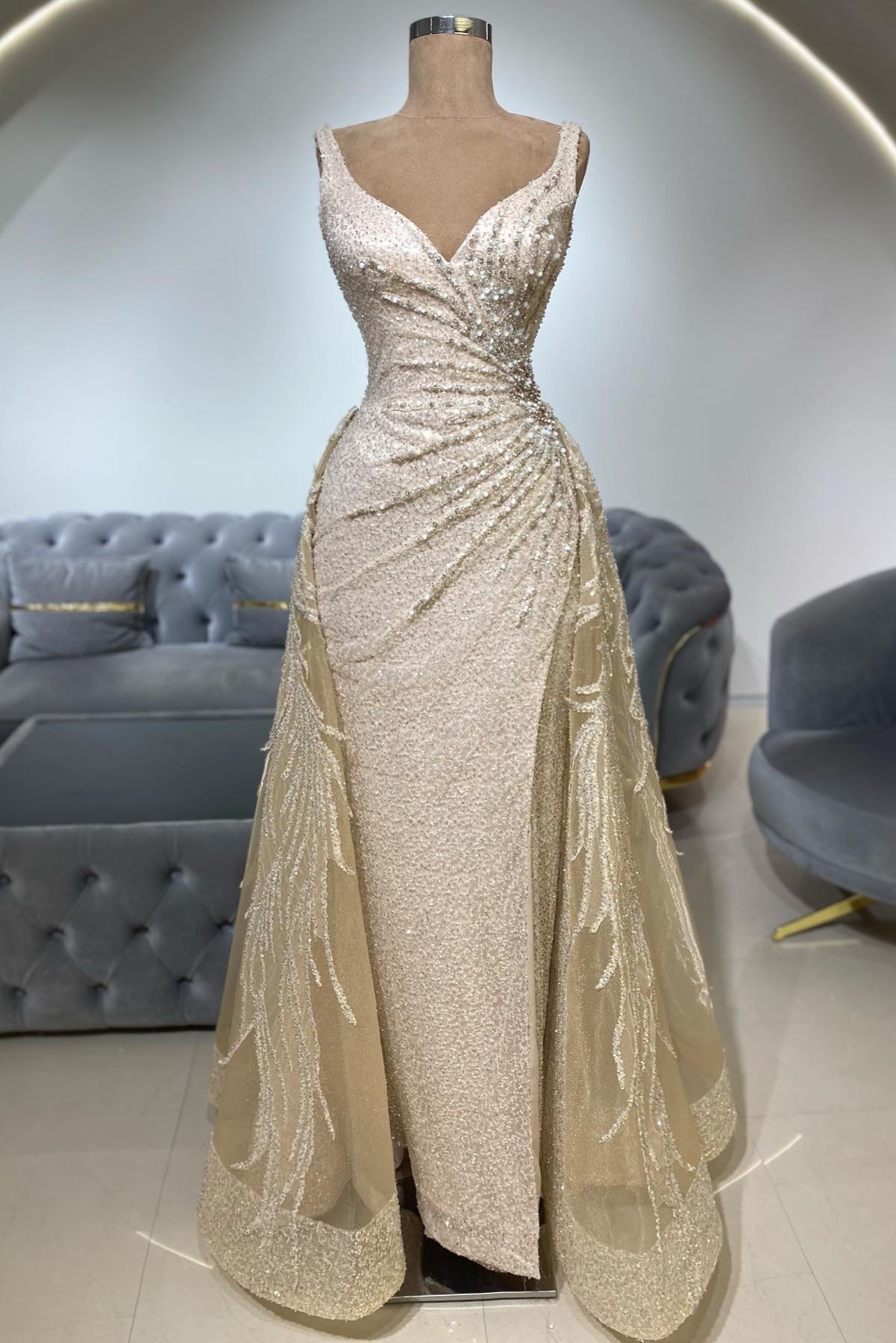 Champagne Prom Dress V Neck Sleeveless Sequined Beaded Detachable Train Tulle Formal Dress With Appliques