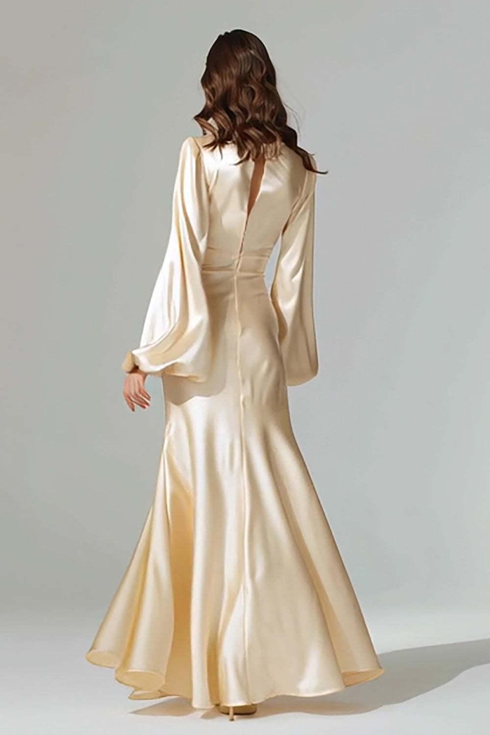 Champagne Satin Mermaid V-Neck Long Prom Dress With Sleeves