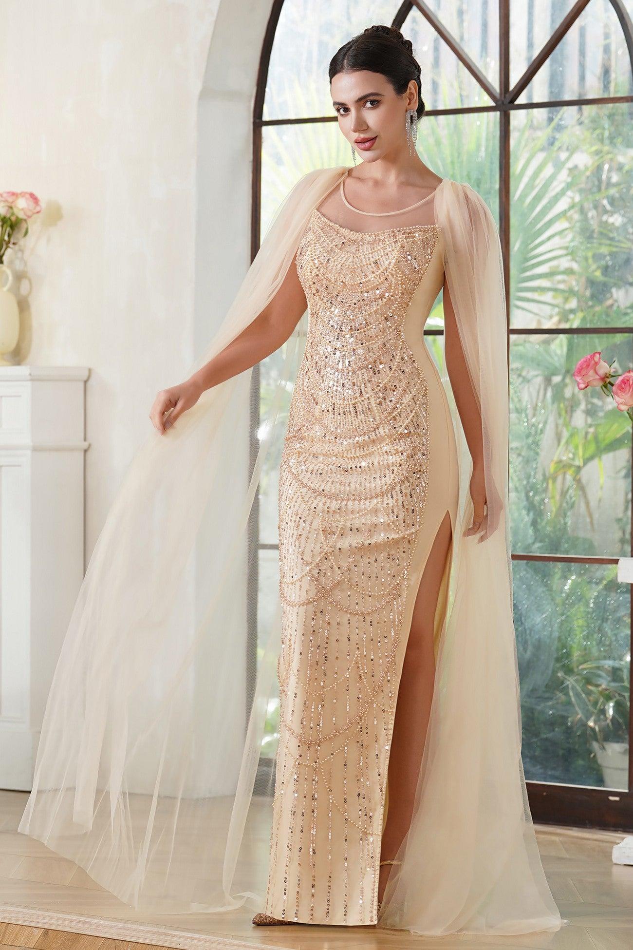 Champagne Sequin Mermaid Scoop Neck Formal Dress