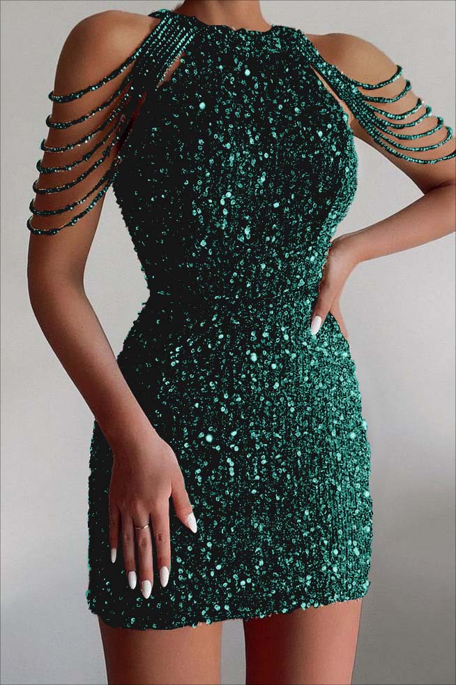 Champagne Sequined Homecoming Dress Gold Jewel Neck Short Cocktail Dress With Beadings