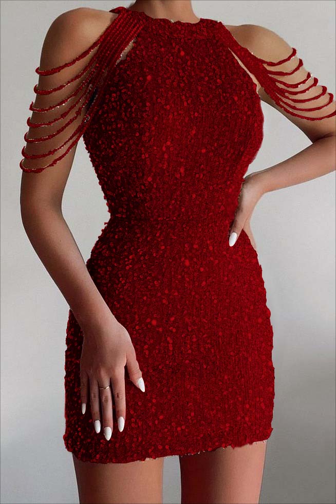 Champagne Sequined Homecoming Dress Gold Jewel Neck Short Cocktail Dress With Beadings