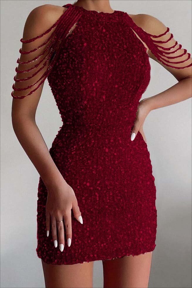 Champagne Sequined Homecoming Dress Gold Jewel Neck Short Cocktail Dress With Beadings