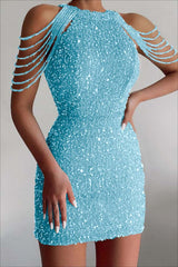 Champagne Sequined Homecoming Dress Gold Jewel Neck Short Cocktail Dress With Beadings