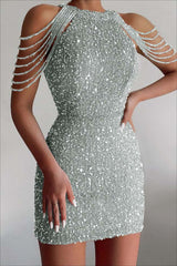 Champagne Sequined Homecoming Dress Gold Jewel Neck Short Cocktail Dress With Beadings