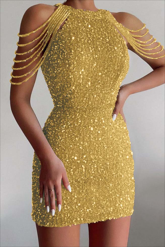 Champagne Sequined Homecoming Dress Gold Jewel Neck Short Cocktail Dress With Beadings